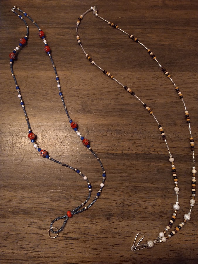 Here are a couple lanyards that I have made. Each lanyard takes about one hour to complete (give or take). Most of my beads were given to me by my mother-in-law. She got me started with jewelry making!